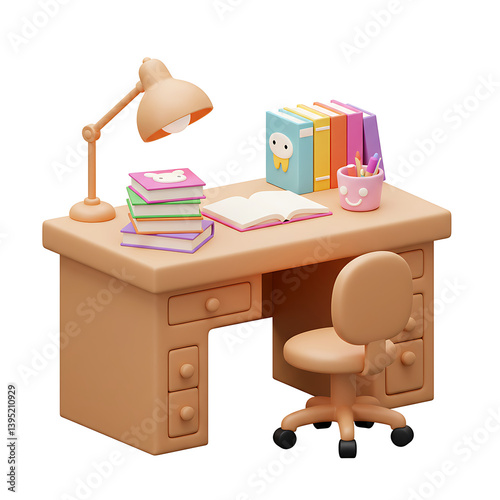 a desk with a lamp, books and a chair