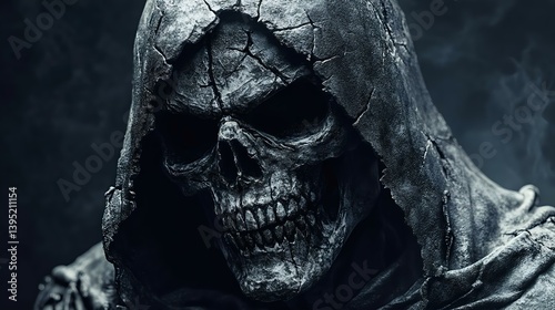 A haunting close-up of a skull in a dark hood, conveying a sense of mystery and eeriness, perfect for Halloween themes and horror artwork.