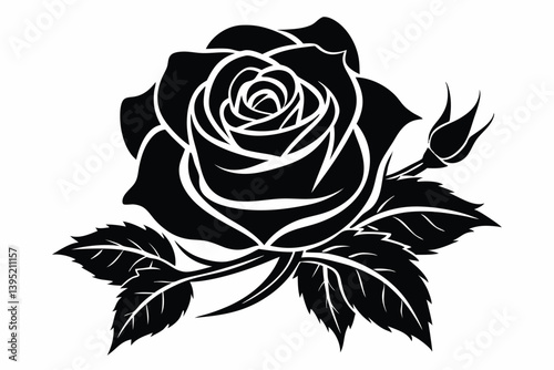 Elegant Rose with Bud and Leaves in Black Silhouette for Crafting and Design Work