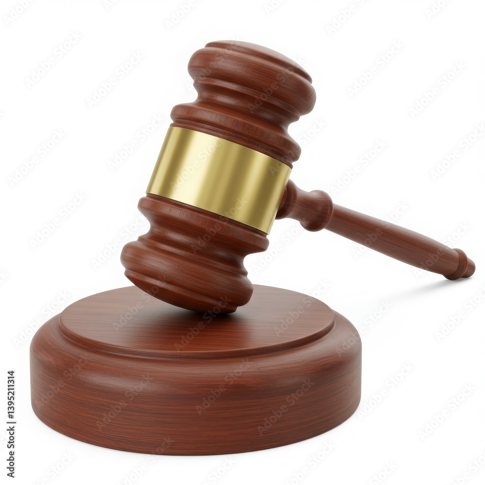 Photorealistic 3D render of a wooden gavel with mahogany texture, brass band, and circular base symbolizing law and justice isolated on white background Photorealistic 3D render of a wooden gavel with mahogany texture, brass band, and circular base symbolizing law and justice isolated on white background