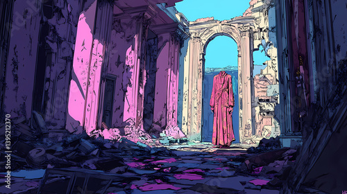 Design a wide-angle composition featuring decadent fashion styles within a bleak. Deepborn Ruins. Illustration