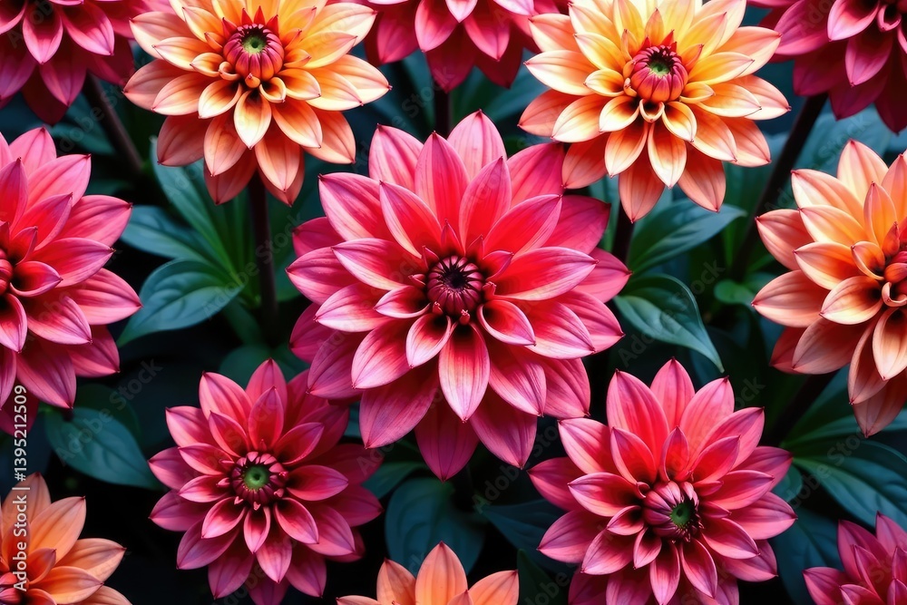 Intricate dahlia blooms in vibrant hues form a repeating pattern , pattern, bloom Intricate dahlia blooms in vibrant hues form a repeating pattern , pattern, bloom
