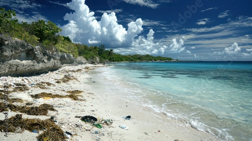 A beach covered in washed-up trash.