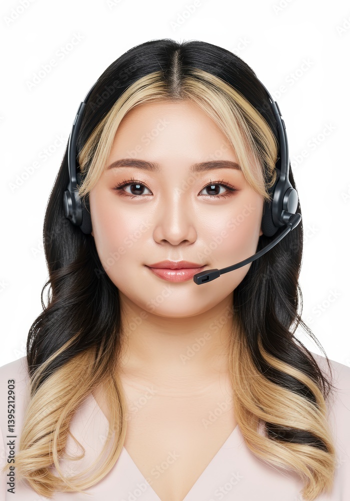 Smiling Woman Wearing Headset in Studio Setting for Customer Support Smiling Woman Wearing Headset in Studio Setting for Customer Support
