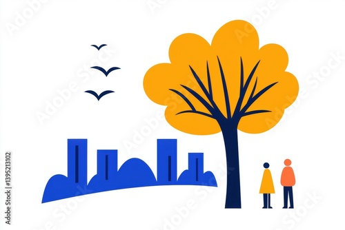 A stylized illustration featuring a tree, two people, and a city skyline, complemented by birds in flight against a vibrant background.