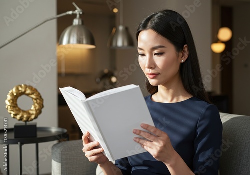 A woman absorbed in reading a book while sitting on a sofa, bathed in soft light