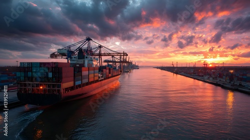 Wallpaper Mural Cargo ship on water with cranes at sunset or sunrise with colorful sky. Torontodigital.ca