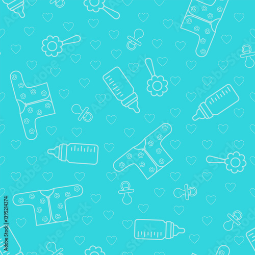 Baby items on a blue background. White outline drawing. Seamless pattern. Newborn vector background for paper, gift wrap, textile, decor.	
