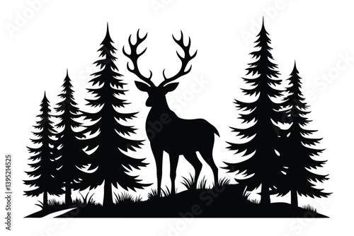 Silhouette of Deer in Forest, Coniferous Trees and Grass, Black on White Background