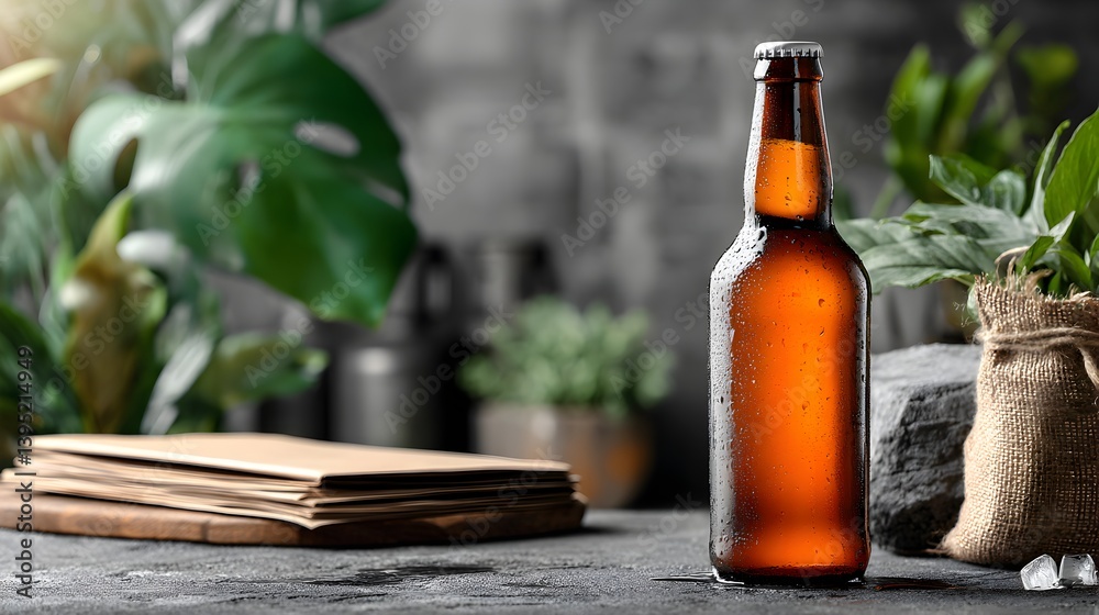 A single bottle of amber beer sits on a dark surface next to plants and kraft paper coasters in a dimly lit setting. A single bottle of amber beer sits on a dark surface next to plants and kraft paper coasters in a dimly lit setting.