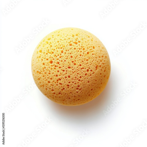 Close up view of a yellow porous sphere on a white background on isoleted white  background