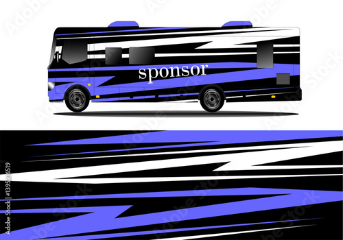 Side view of a stylized bus with dynamic black and blue stripes, showcasing a sponsorship theme