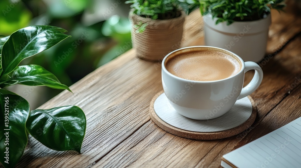 Peaceful working environment with a white tabletop, closed laptop, coffee on a coaster, notebook, and a small leafy plant Peaceful working environment with a white tabletop, closed laptop, coffee on a coaster, notebook, and a small leafy plant
