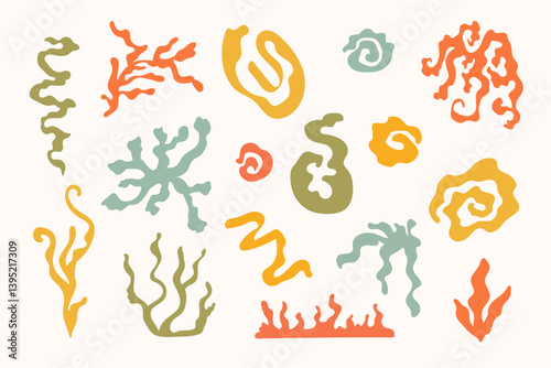 Corals seaweed organic silhouette set, underwater invertebrate marine oceanic sea creatures plants polyps. Flat simple poster placard ocean art. Isolated. Vector illustration. 