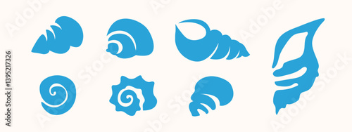 Seashell organic silhouette set, mollusk underwater marine oceanic sea creatures. Flat simple conch poster placard ocean art. Isolated. Vector illustration. 
