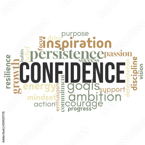An inspiring word cloud centered on "confidence," filled with empowering terms that reflect boldness, self-assurance, and inner strength. Great for success, leadership, and mindset projects