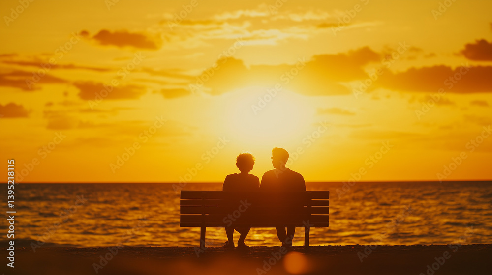 lderly couple sharing a quiet moment on a beach bench at sunset, love and companionship in golden light lderly couple sharing a quiet moment on a beach bench at sunset, love and companionship in golden light