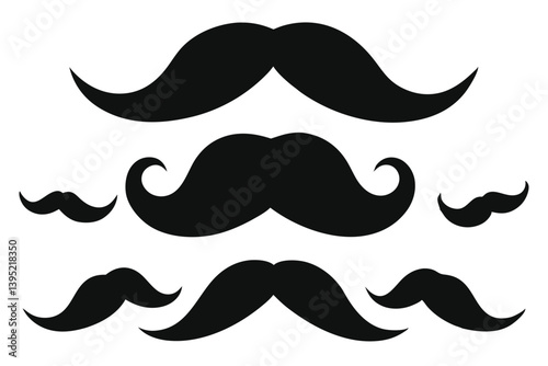 Diverse Mustache Set, Black Silhouette on White Backdrop, Different Styles and Sizes, Grouped