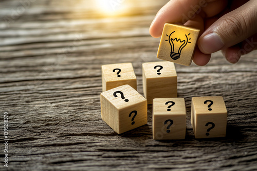Wooden blocks with question marks and light bulb icons connected by lines on a wooden background, a business idea concept