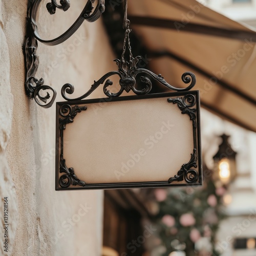 Blank ornate hanging boutique sign with vintage iron frame on wall
