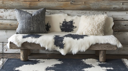 Rustic farmhouse living room with a distressed wooden bench, fur rug and patterned pillows. photo