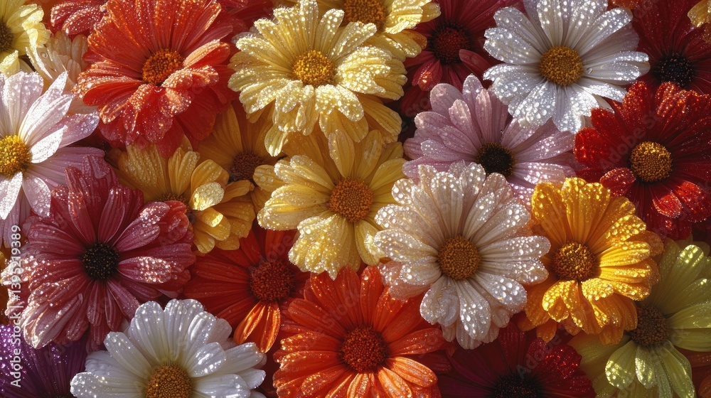 Close-up of vibrant colorful daisies, dew drops