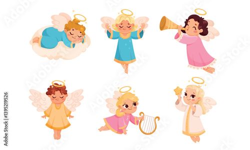 Cute Children Angels with Wings and Nimbus Vector Set