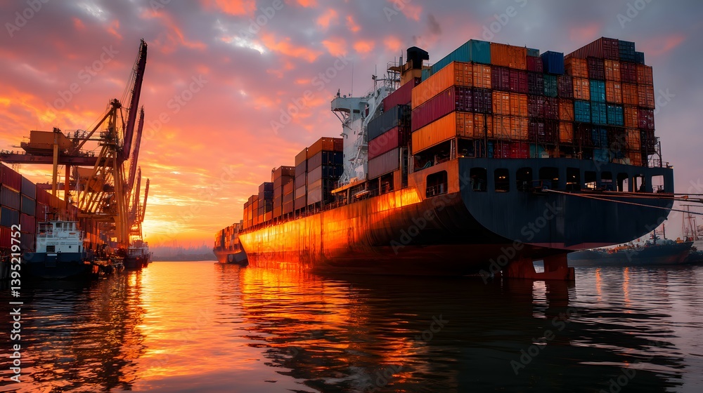 Fototapeta premium Container ship at port during sunset with colorful sky reflecting on water.