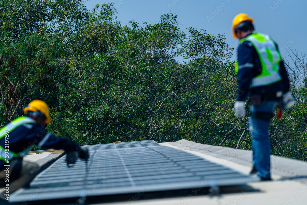 Fototapeta premium Two engineers install solar panels on a rooftop, wearing safety gear and helmets. The scene showcases renewable energy, green technology, and sustainable solutions under a clear blue sky.