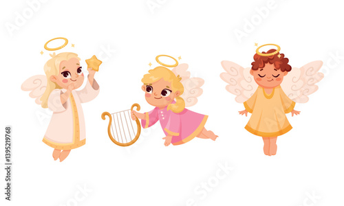 Cute Children Angels with Wings and Nimbus Vector Set