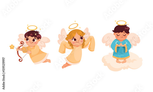 Cute Children Angels with Wings and Nimbus Vector Set