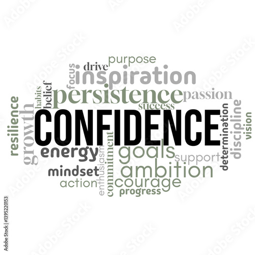 An inspiring word cloud centered on "confidence," filled with empowering terms that reflect boldness, self-assurance, and inner strength. Great for success, leadership, and mindset projects