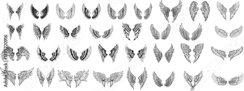 Wings Vector Set –  Hand-Drawn Angel, Bird, Fairy, Spirit, and Fantasy Wing Pairs for Tattoo Design, Coloring Pages, Stickers, Logos, and T-Shirt Prints | Feathered Line Art Collection