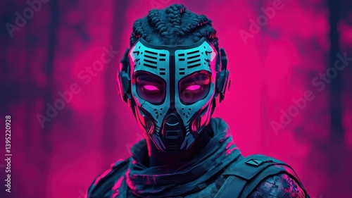 A warrior in bone-and-metal armor, tribal tattoos glowing in the dark, neon-lit forest scene, futuristic tribal concept. , closes up