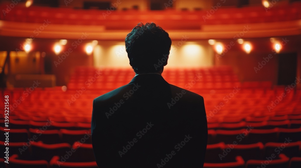 A lone figure stands facing an empty theater with red seating, evoking dreams, anticipation, and the allure of the stage.