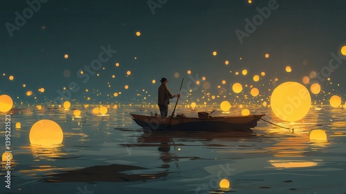 night scenery of a man rowing a boat among many glowing moons floating on the sea, digital art style, illustration painting.