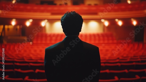 Obraz na płótnie A lone figure stands facing an empty theater with red seating, evoking dreams, anticipation, and the allure of the stage. w salonie
