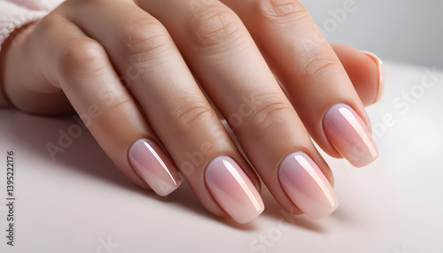 Closeup female hand with perfect pink nude gradient ombré manicure. Elegant French fade, baby boomer nails. Beauty salon nail care concept.