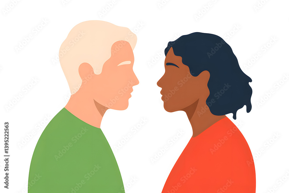 Illustration depicting the profile view of two individuals with different skin tones facing each other, suggesting connection, communication, or diversity in a simple and modern design. Illustration depicting the profile view of two individuals with different skin tones facing each other, suggesting connection, communication, or diversity in a simple and modern design.