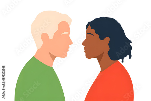 Illustration depicting the profile view of two individuals with different skin tones facing each other, suggesting connection, communication, or diversity in a simple and modern design.