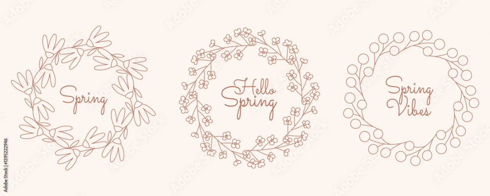 Three minimalist floral round frames with text Spring, Hello Spring, and Spring Vibes. Elegant minimal hand drawn design botanical elements. Vector illustration. Three minimalist floral round frames with text Spring, Hello Spring, and Spring Vibes. Elegant minimal hand drawn design botanical elements. Vector illustration.