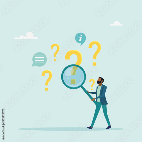 Frequently asked questions concept, investigation, information search. Character holds magnifying glass and searches for answer. Vector illustration.	