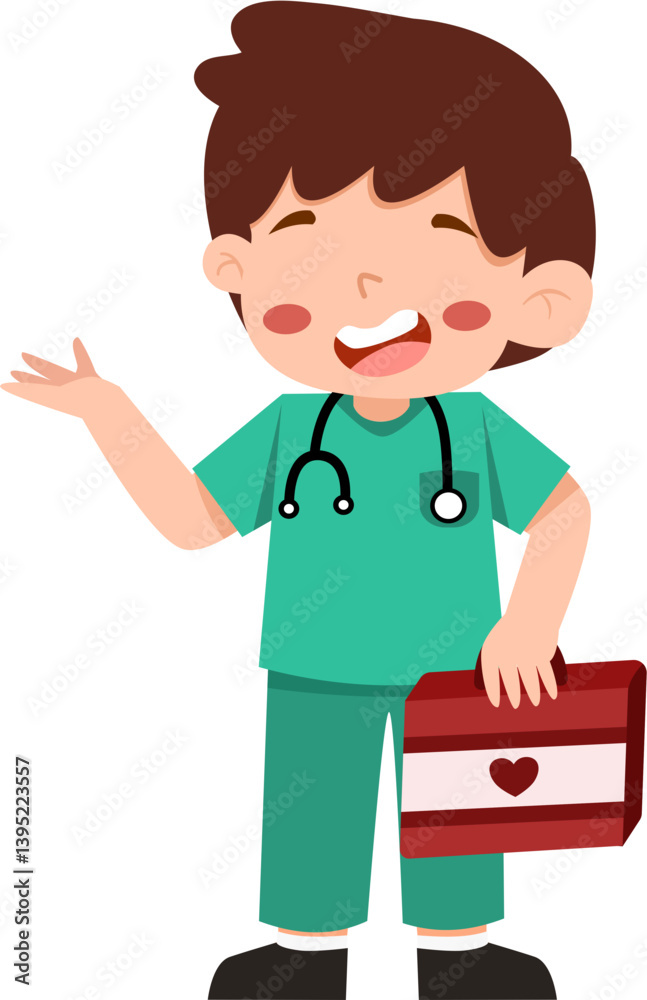 Smiling Boy Doctor with First Aid Kit, Gesturing Smiling Boy Doctor with First Aid Kit, Gesturing