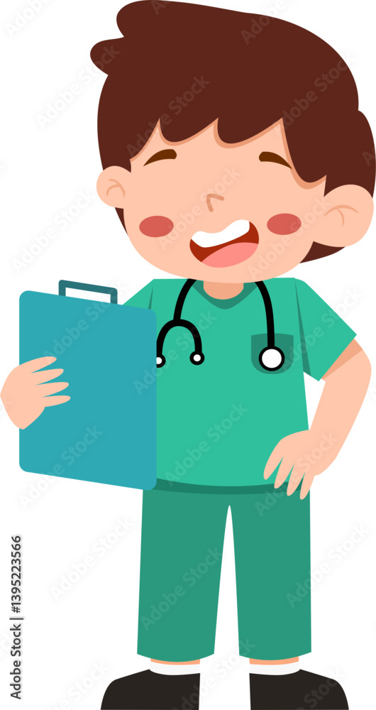 Joyful Cartoon Boy Doctor Holding Clipboard, Teal Scrubs Joyful Cartoon Boy Doctor Holding Clipboard, Teal Scrubs