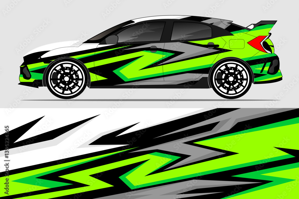 Vibrant race car design featuring striking green and black graphics on a sleek hatchback Vibrant race car design featuring striking green and black graphics on a sleek hatchback