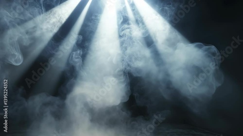Dramatic lighting beams illuminate the scene filled with drifting smoke against a dark backdrop, creating a mysterious atmosphere