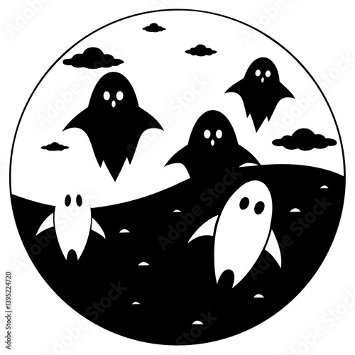 Silhouette vector of ghosts beneath a haunted orange Halloween sky. Great for wall art and spooky printable.