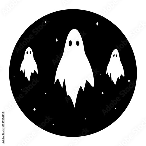 Floating ghosts under orange sky in Halloween silhouette scene. Ideal for creepy prints, party graphics, and spooky merch.
