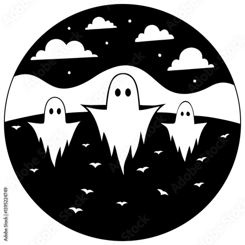 Halloween scene of ghosts flying in silhouette under an orange sky. Great for festive digital artwork and crafts.
