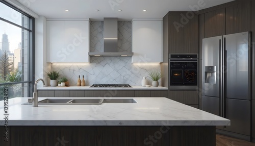 Minimalist white modern kitchen interior with marble countertops and sleek appliances in contemporary home design